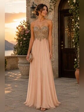 Jovani 81120 Blush Peach Beaded Chiffon Formal Gown | Crystal Bodice | Gala 6